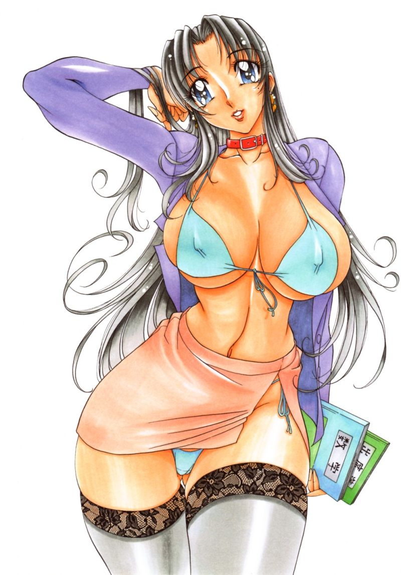 azuki kurenai, lace-trimmed legwear, 1girl, adjusting hair, arm up, bikini, black hair, blue eyes, blue panties, book, bra, breasts, cleavage, collar, covered erect nipples, curvy, female focus, front-tie top, grey thighhighs, head tilt, huge breasts, lace, lace trim, large breasts, lingerie, lipstick, long hair, makeup, micro bikini, mole, mole under eye, open clothes, open shirt, panties, shirt, side-tie panties, skirt, smile, solo, string bikini, swimsuit, teacher, thighhighs, thong, underboob, underwear, zettai ryouiki
