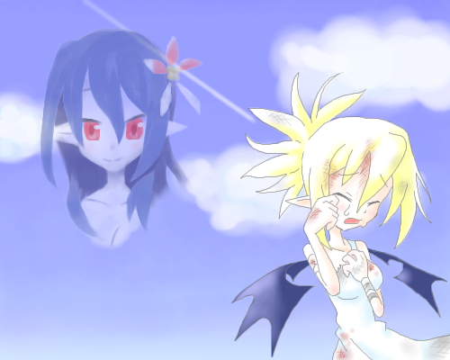 rozalin, rozalin's mother, disgaea, makai senki disgaea 2, nippon ichi, lowres, 2girls, blonde hair, blue skin, colored skin, demon, demon girl, dress, multiple girls, pointy ears, sad