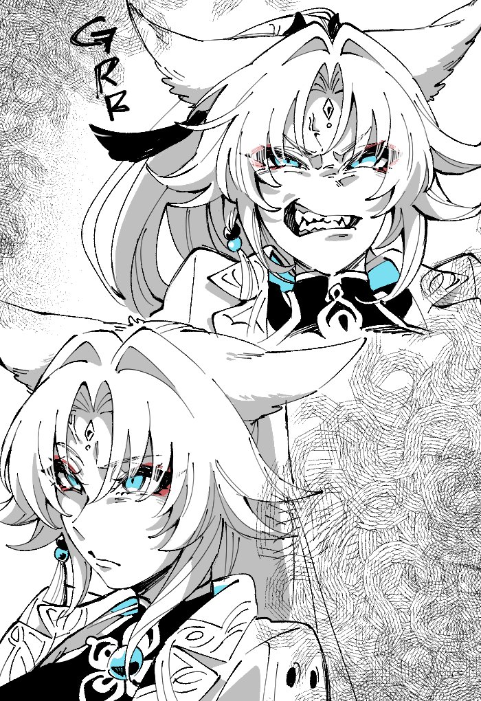 ayunyan pere, feixiao (honkai: star rail), honkai: star rail, honkai (series), 1girl, anger vein, angry, animal ears, blue eyes, clenched teeth, close-up, earrings, eyeshadow, fangs, forehead jewel, fox ears, fox girl, greyscale, grimace, jewelry, makeup, monochrome, multiple views, open mouth, parted bangs, red eyeshadow, sharp teeth, simple background, solo focus, spot color, tassel, tassel earrings, teeth