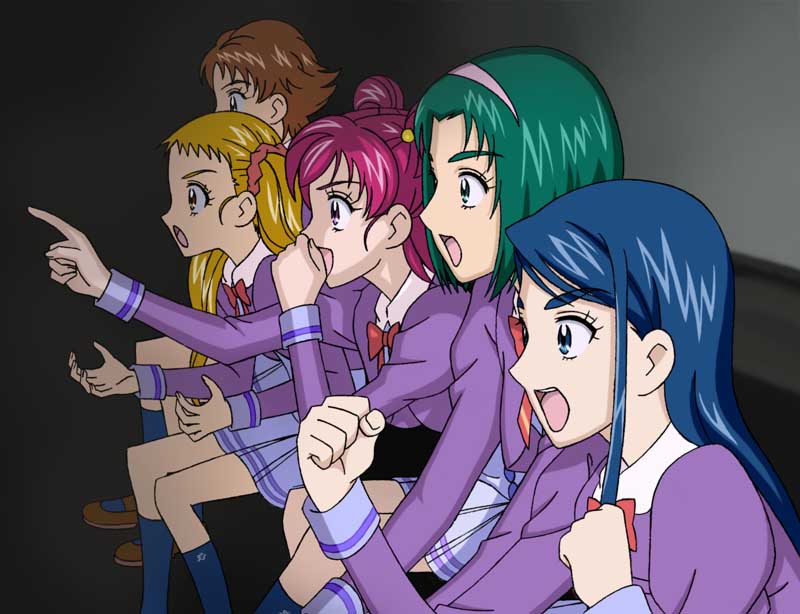 natsuhina, akimoto komachi, kasugano urara (yes! precure 5), minazuki karen, natsuki rin, yumehara nozomi, precure, yes! precure 5, 5girls, blonde hair, blue eyes, blue hair, brown hair, eyelashes, gaijin 4koma (meme), green hair, hairband, long hair, meme, multiple girls, parody, pink hair, purple skirt, school uniform, skirt