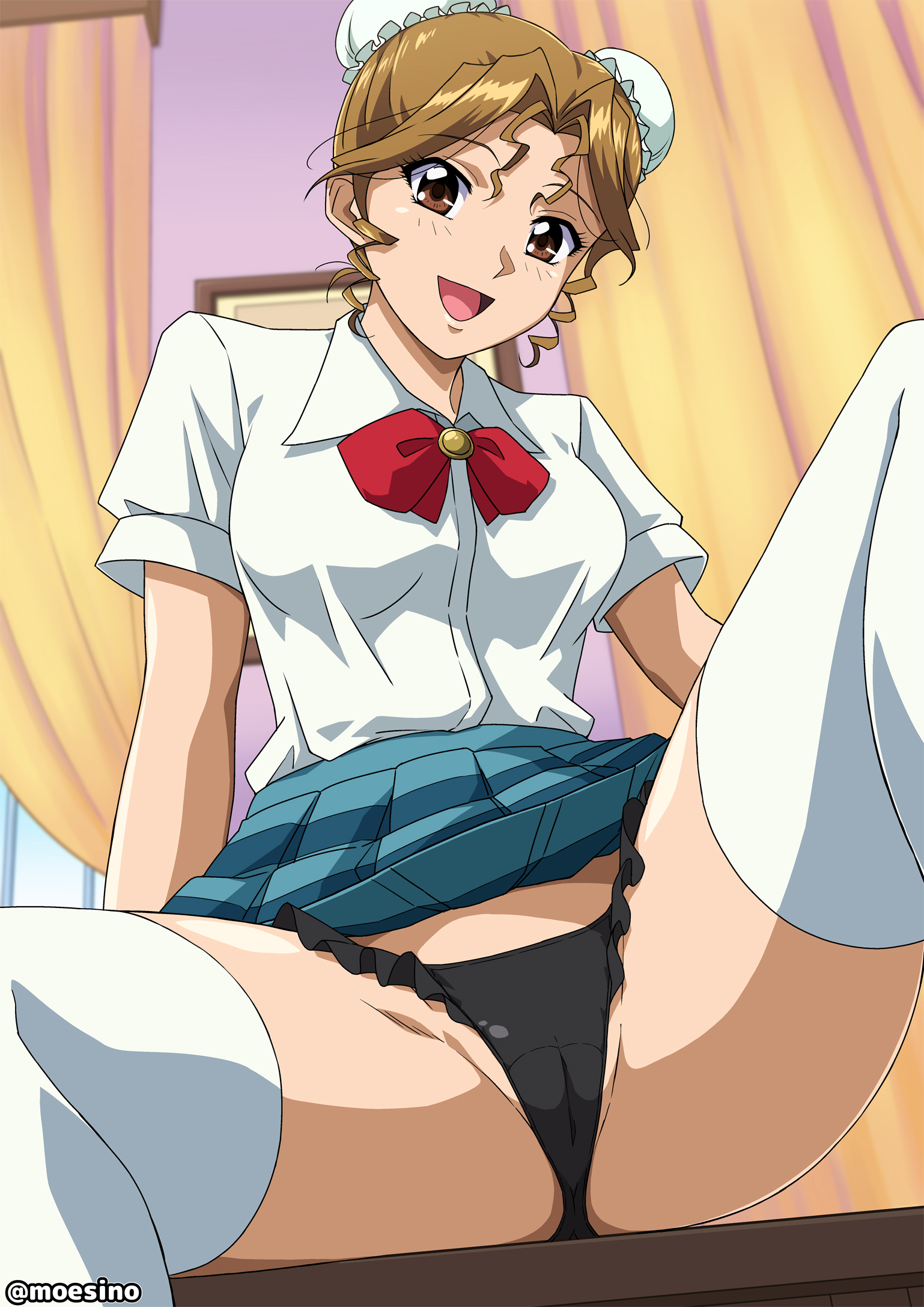 moeshino, hayasaka akira, super real mahjong, commentary request, highres, 1girl, :d, black panties, breasts, brown eyes, brown hair, cameltoe, cleft of venus, clothes lift, collared shirt, curtained hair, curtains, double bun, drill hair, flashing, forehead, frilled panties, frills, green skirt, hair bun, indoors, knee up, legs, looking at viewer, medium breasts, open mouth, panties, pantyshot, picture frame, plaid clothes, plaid skirt, pussy, school uniform, shirt, short hair, short sleeves, skirt, skirt lift, smile, spread legs, thighhighs, thighs, twitter username, underwear, white shirt, white thighhighs