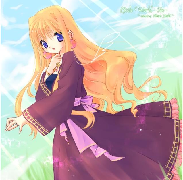 cherie espoir, marl kingdom, nippon ichi, puppet princess (marl kingdom), 1girl, blonde hair, blue eyes, dress, earrings, female focus, jewelry, long hair, open mouth, smile, solo