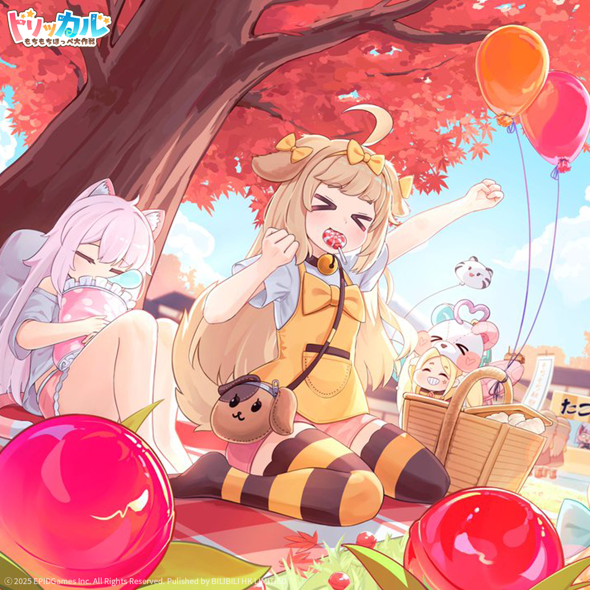 trickcal, character request, highres, official art, > <, 3girls, ahoge, animal ear fluff, animal ears, balloon, bare legs, barefoot, blonde hair, bow, brown hair, closed eyes, cloud, day, food, food in mouth, grin, multiple girls, no shoes, sitting, smile, striped clothes, striped thighhighs, tail, thighhighs, tree, zettai ryouiki