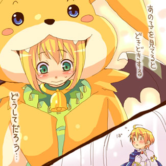 tsuyuka (sunny spot), cornet espoir, ferdinand marl e, l-kun, marl kingdom, nippon ichi, puppet princess (marl kingdom), rhapsody, lowres, 1boy, 1girl, bell, blonde hair, blush, cosplay, fangs, green eyes, l-kun (cosplay), short hair