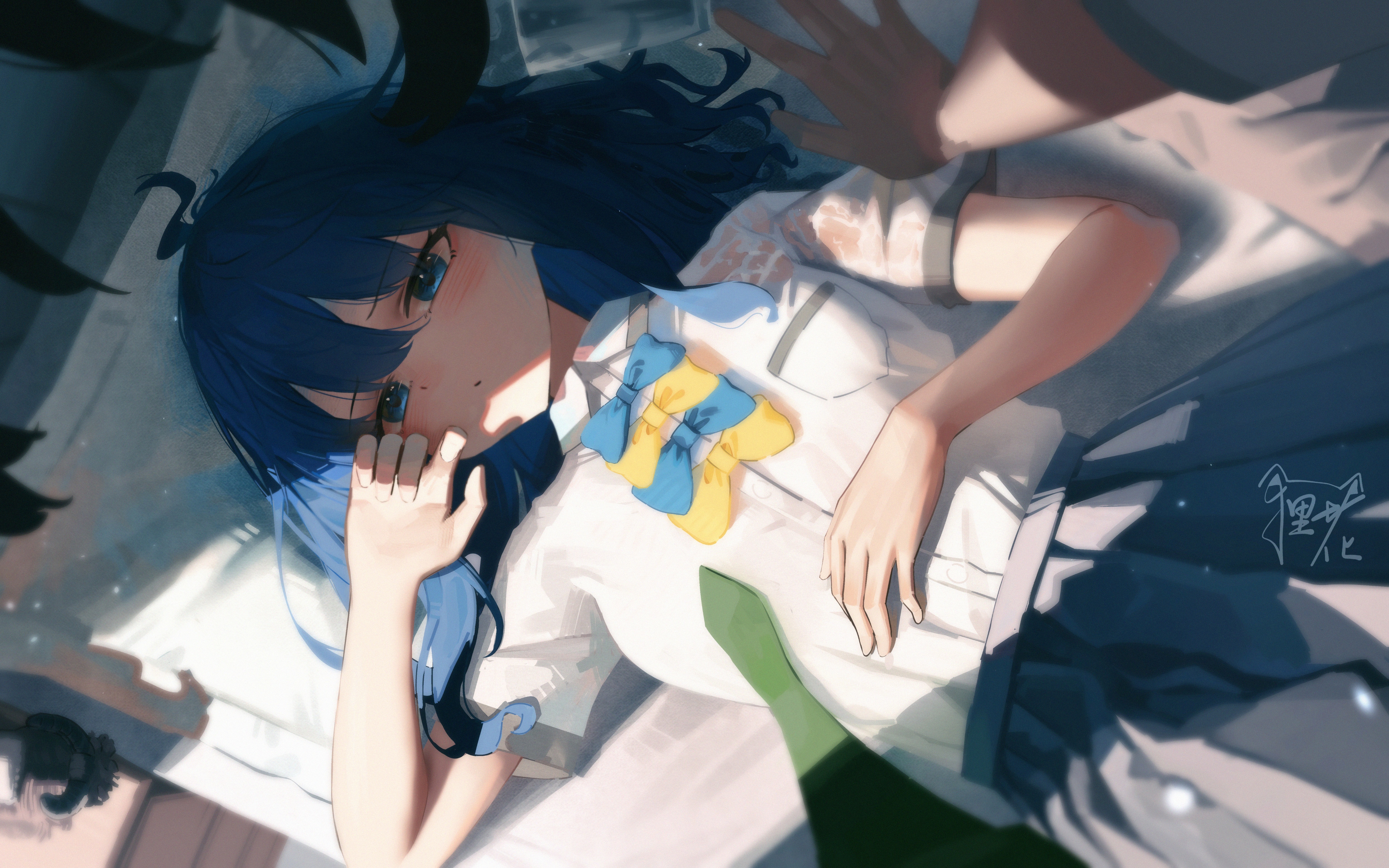 sklt (swyt8223), nukumizu kazuhiko, yanami anna, make heroine ga oo sugiru!, absurdres, commentary, highres, 1boy, 1girl, :o, ahoge, black hair, blue bow, blue eyes, blue hair, blush, bow, cup, green necktie, indoors, looking at viewer, necktie, pleated skirt, shirt, skirt, t-shirt, wet, wet clothes, white shirt, yellow bow, yukadon
