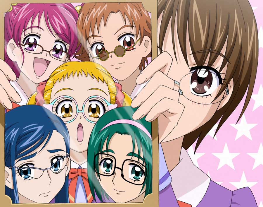 natsuhina, akimoto komachi, kasugano urara (yes! precure 5), masuko mika, minazuki karen, natsuki rin, yumehara nozomi, precure, yes! precure 5, 00s, 6+girls, :d, bespectacled, blonde hair, blue eyes, blue hair, brown eyes, brown hair, eyelashes, glasses, green eyes, green hair, hairband, mirror, multiple girls, open mouth, pink eyes, pink hair, school uniform, smile, yellow eyes