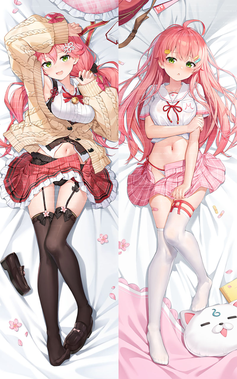 acco (sh in), 35p (sakura miko), sakura miko, hololive, highres, breasts, dakimakura (medium), dakimakura (object), pillow, virtual youtuber