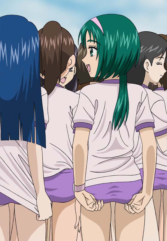natsuhina, akimoto komachi, minazuki karen, precure, yes! precure 5, 00s, 6+girls, adjusting buruma, adjusting clothes, blue hair, buruma, female focus, from behind, green eyes, green hair, gym uniform, hairband, long hair, multiple girls, shirt tug