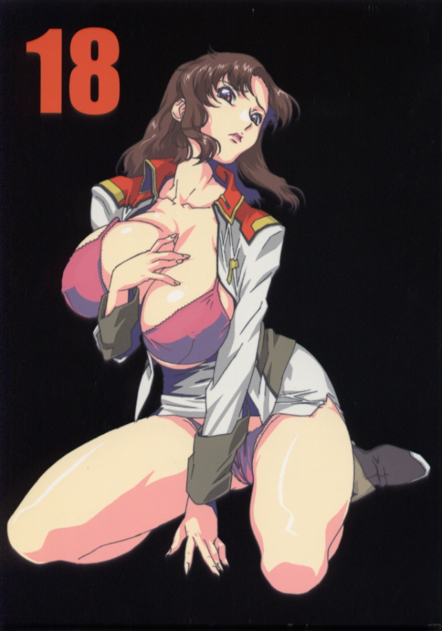 miura takehiro, murrue ramius, gundam, gundam seed, gundam seed destiny, 00s, 1girl, bra, breasts, brown hair, female focus, huge breasts, lingerie, long hair, military, military uniform, panties, solo, underwear