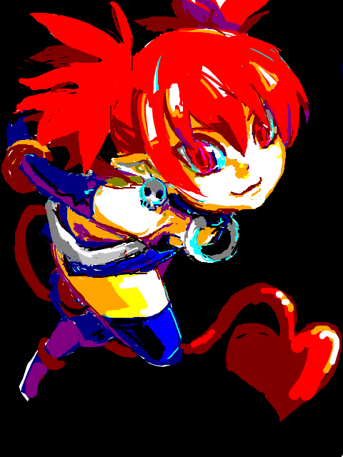 etna (disgaea), disgaea, makai senki disgaea, makai senki disgaea 2, nippon ichi, 00s, bat wings, collar, demon girl, earrings, elbow gloves, flat chest, gloves, jewelry, miniskirt, pointy ears, red eyes, red hair, skirt, tail, thighhighs, twintails, wings