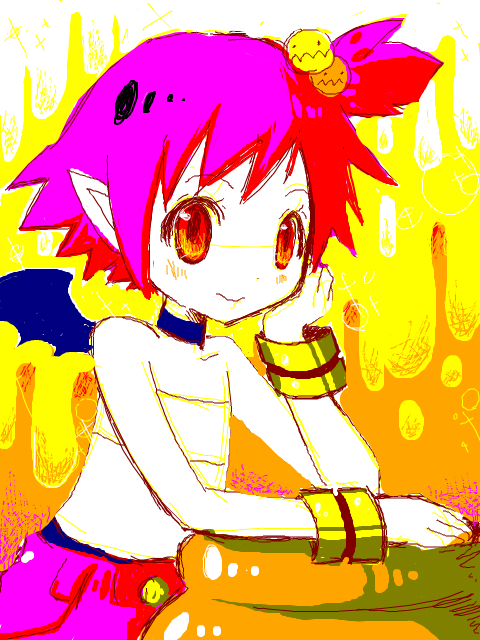 hanako (disgaea), disgaea, makai senki disgaea 2, makai senki disgaea 3, nippon ichi, 1girl, bat wings, demon girl, female focus, pink hair, pink shorts, red eyes, shorts, solo, wings