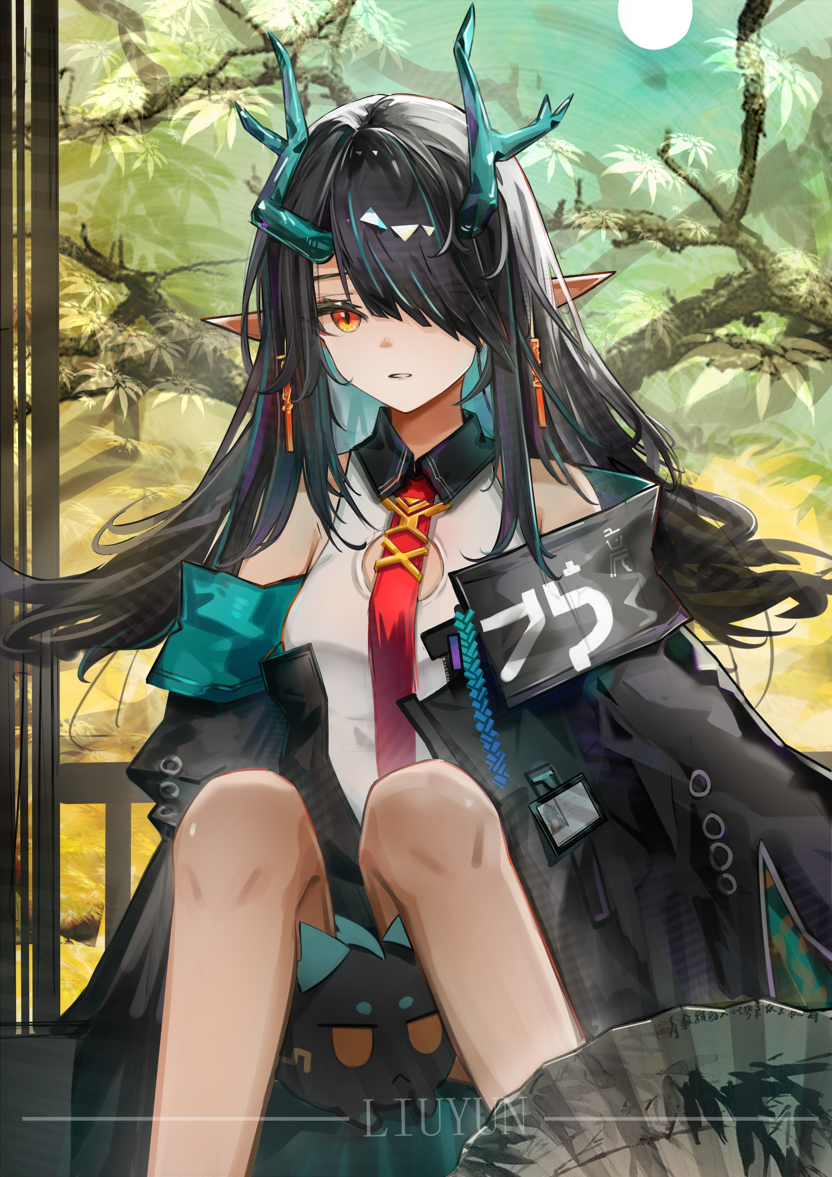 dusk (arknights), arknights, absurdres, commentary request, highres, 1girl, artist name, bare shoulders, black coat, black hair, breasts, coat, collared shirt, dragon bubble (arknights), dragon girl, eastern dragon horns, eastern dragon tail, feet out of frame, green hair, green horns, hair over one eye, horns, liuyunnnn, long hair, multicolored hair, necktie, off-shoulder coat, off shoulder, orange eyes, parted lips, pointy ears, red necktie, shirt, sitting, sleeveless, sleeveless shirt, small breasts, solo, streaked hair, two-tone hair, white shirt