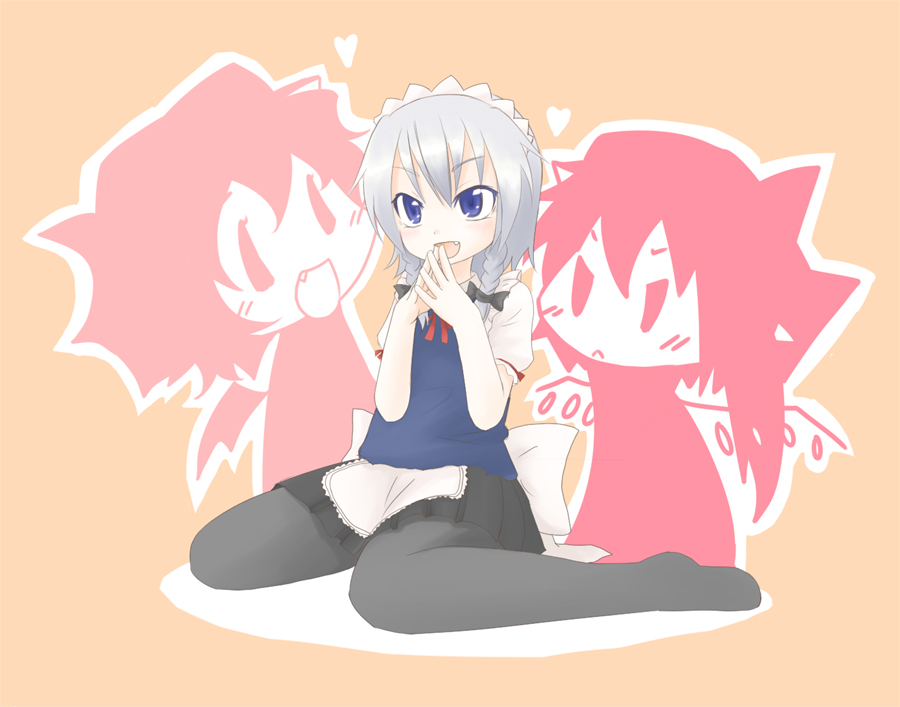 tamute (2580rs), flandre scarlet, izayoi sakuya, remilia scarlet, touhou, silver hair, 3girls, blue eyes, braid, female focus, kneeling, maid, multiple girls, pantyhose, partially colored, vampire, wings