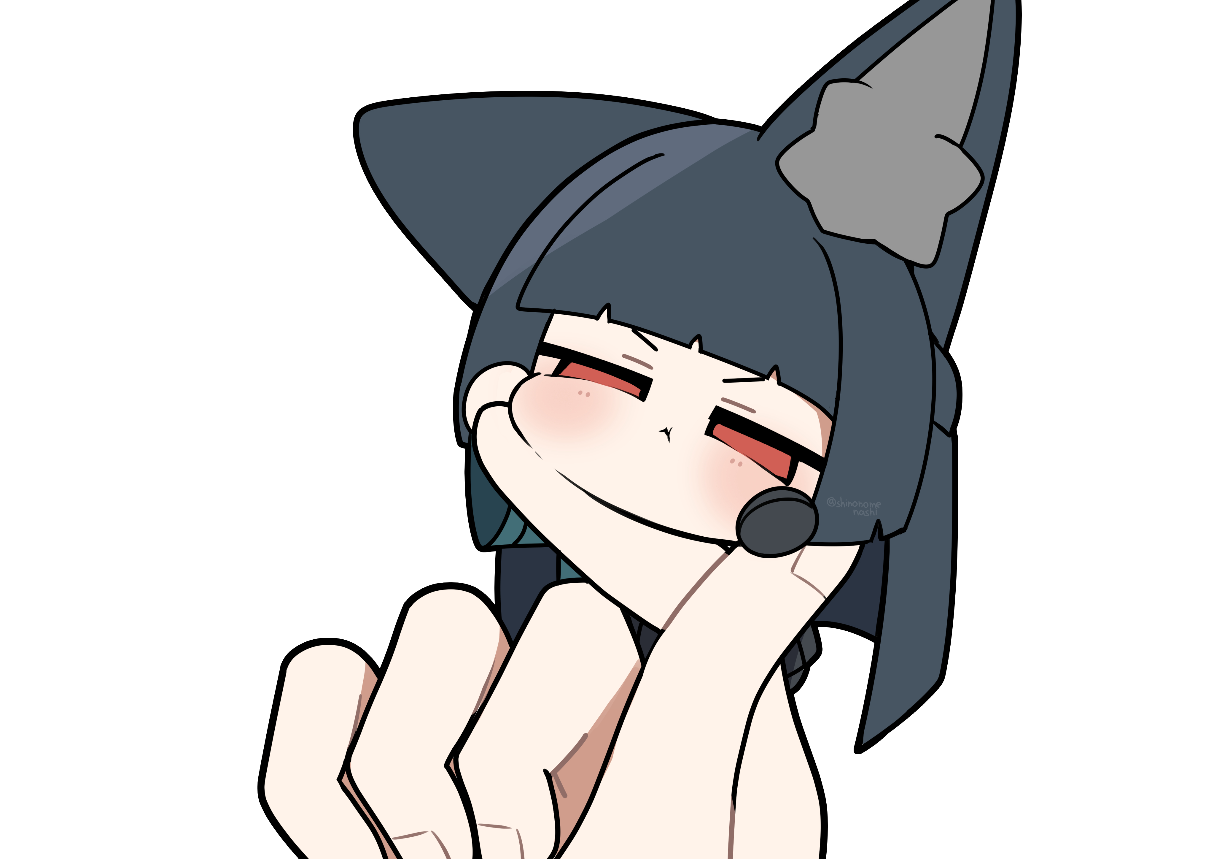 shinonome nashi, hoshimi miyabi, zenless zone zero, absurdres, commentary request, highres, 1girl, 1other, :<, animal ear fluff, animal ears, black hair, blunt bangs, chibi, fingernails, fox ears, fox girl, long hair, looking at viewer, no pupils, pout, red eyes, simple background, upper body, v-shaped eyebrows, white background