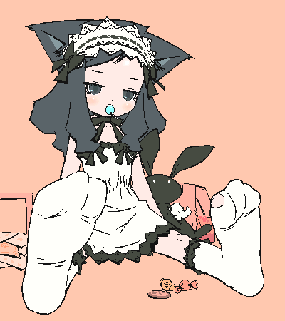 0123456789, original, lowres, md5 mismatch, 1girl, animal ears, candy, cat ears, feet, female focus, food, goth fashion, gothic lolita, headdress, lolita fashion, lollipop, oekaki, sitting, solo, stuffed animal, stuffed toy