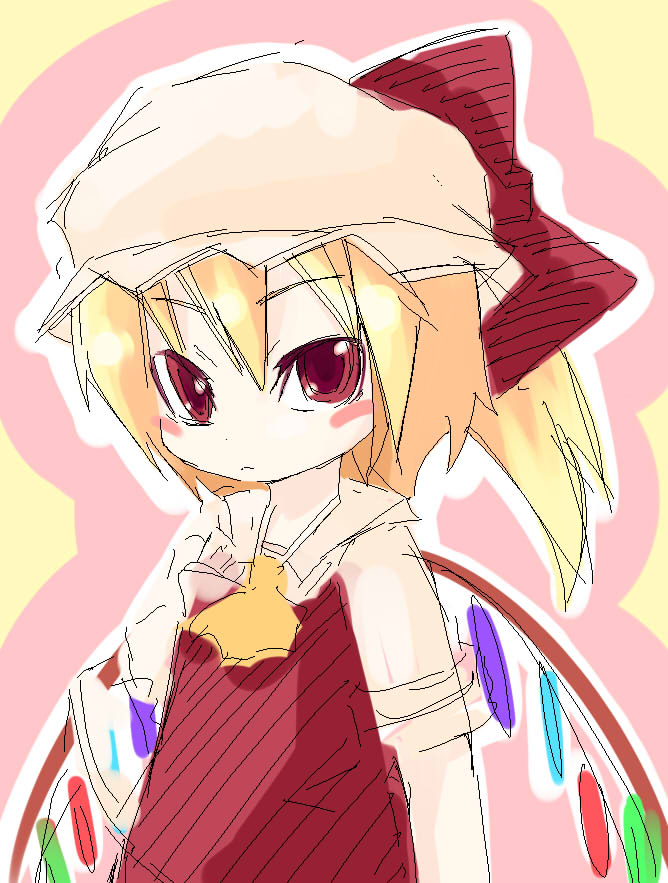 tamute (2580rs), flandre scarlet, touhou, 1girl, blonde hair, blouse, collared shirt, female focus, hair between eyes, hat, mob cap, red eyes, shirt, solo, standing, vampire, white hat, white shirt, wings