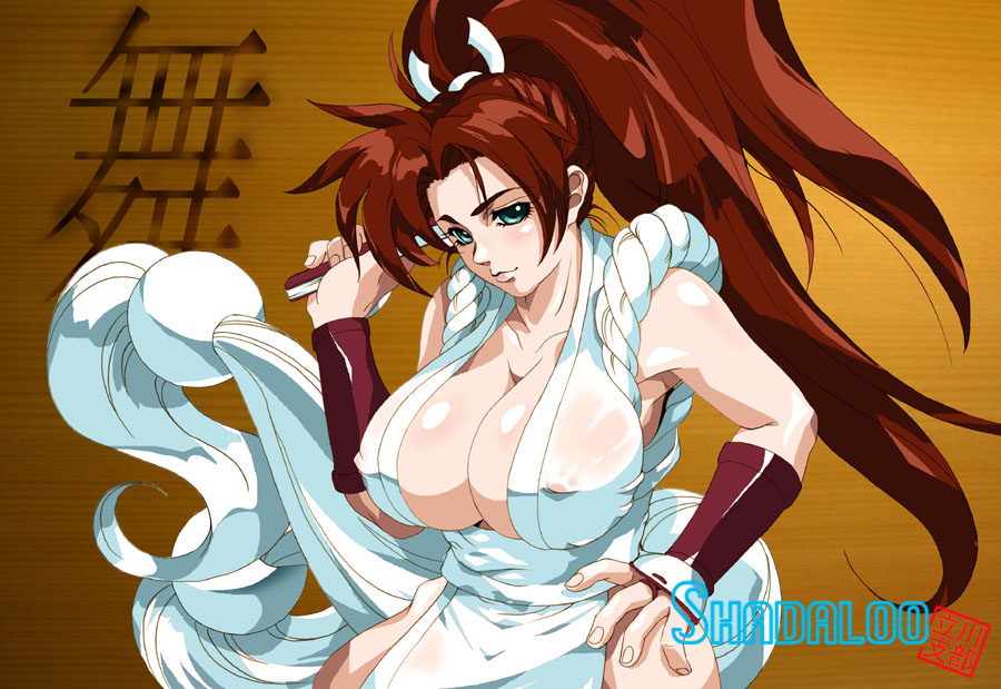 balrog (shadaloo tachikawa shibu), shadaloo, shiranui mai, fatal fury, snk, the king of fighters, 1girl, alternate color, aqua eyes, arm guards, armpits, big hair, blush, breasts, bridal gauntlets, cleavage, covered erect nipples, cowboy shot, curvy, female focus, folding fan, gradient background, hair ribbon, hand fan, hand on own hip, high ponytail, hip bones, holding, huge breasts, japanese clothes, kimono, large breasts, light smile, long hair, looking at viewer, ninja, no bra, ponytail, red hair, ribbon, rope, sash, see-through clothes, short kimono, side slit, smile, solo, very long hair