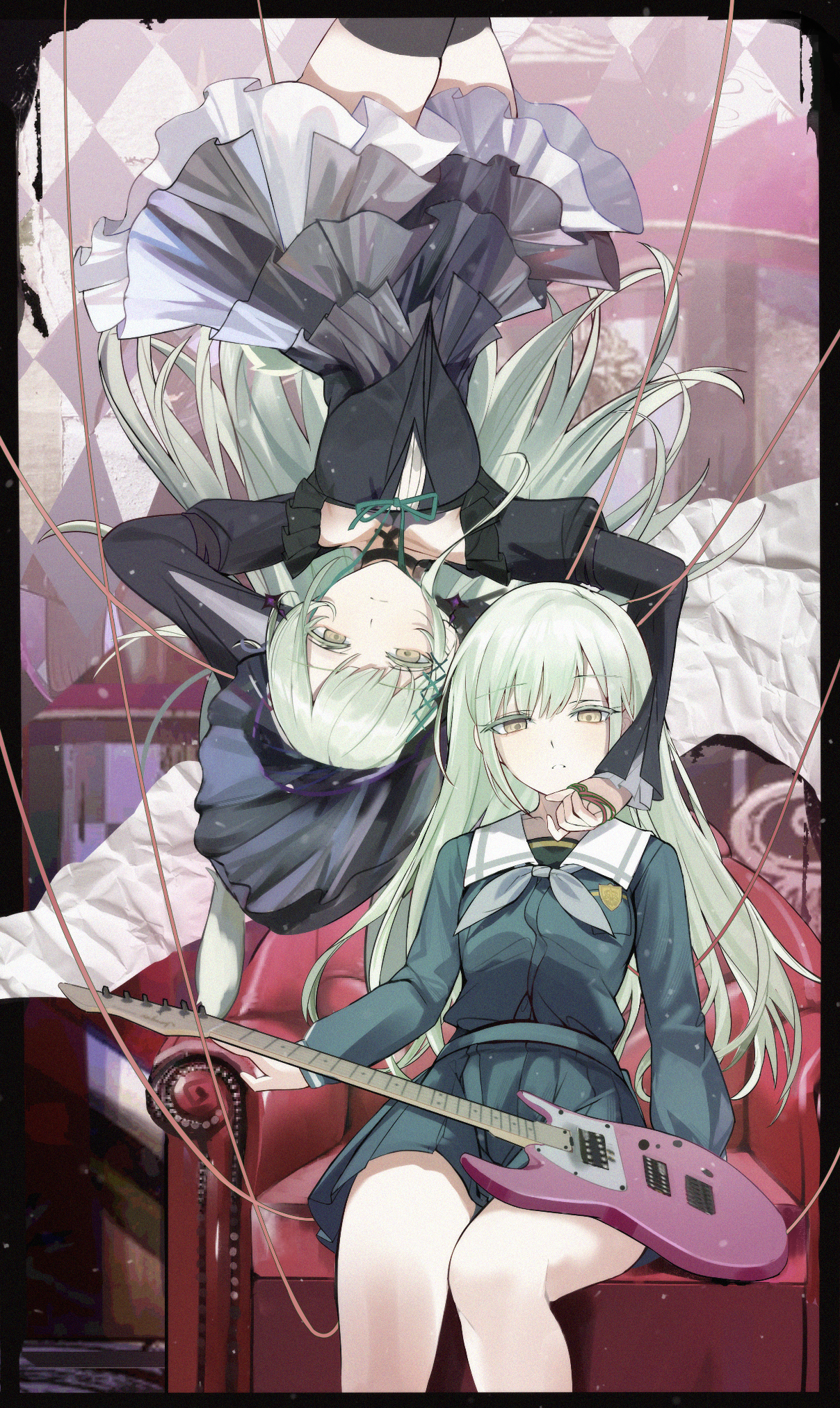 changpan hutao, wakaba mutsumi, wakaba mutsumi (marionette's id), arknights, bang dream!, bang dream! it's mygo!!!!!, commentary, highres, 2girls, black bonnet, black dress, black thighhighs, blue shirt, blue skirt, bonnet, chair, dress, dual persona, electric guitar, green hair, grey neckerchief, guitar, instrument, long hair, long sleeves, looking at viewer, multiple girls, neckerchief, pink ribbon, pleated skirt, ribbon, school uniform, shirt, skirt, thighhighs, tsukinomori school uniform, upside-down, yellow eyes