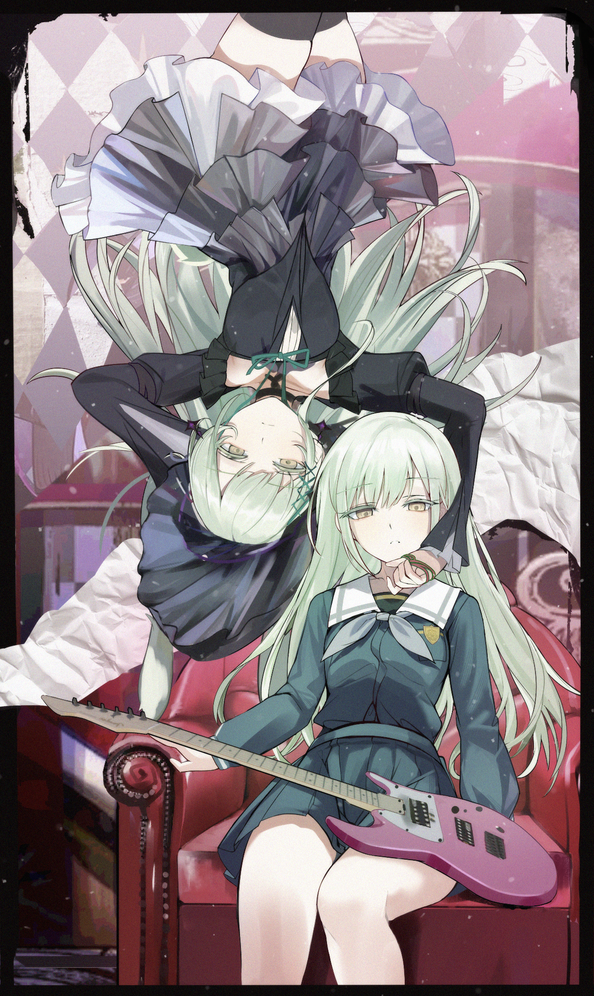 changpan hutao, wakaba mutsumi, wakaba mutsumi (marionette's id), arknights, bang dream!, bang dream! it's mygo!!!!!, commentary, highres, 2girls, black bonnet, black dress, black thighhighs, blue shirt, blue skirt, bonnet, chair, dress, dual persona, electric guitar, green hair, grey neckerchief, guitar, instrument, long hair, long sleeves, looking at viewer, multiple girls, neckerchief, pleated skirt, school uniform, shirt, skirt, thighhighs, tsukinomori school uniform, upside-down, yellow eyes
