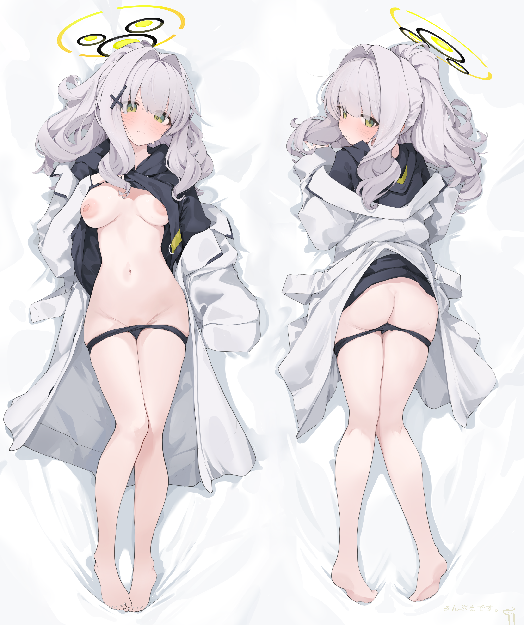 mikozin, hare (blue archive), blue archive, absurdres, commentary, highres, 1girl, ass, barefoot, black panties, blush, breasts, dakimakura (medium), green eyes, grey hair, halo, hood, long hair, medium breasts, multiple views, navel, nipples, panties, panty pull, ponytail, underwear