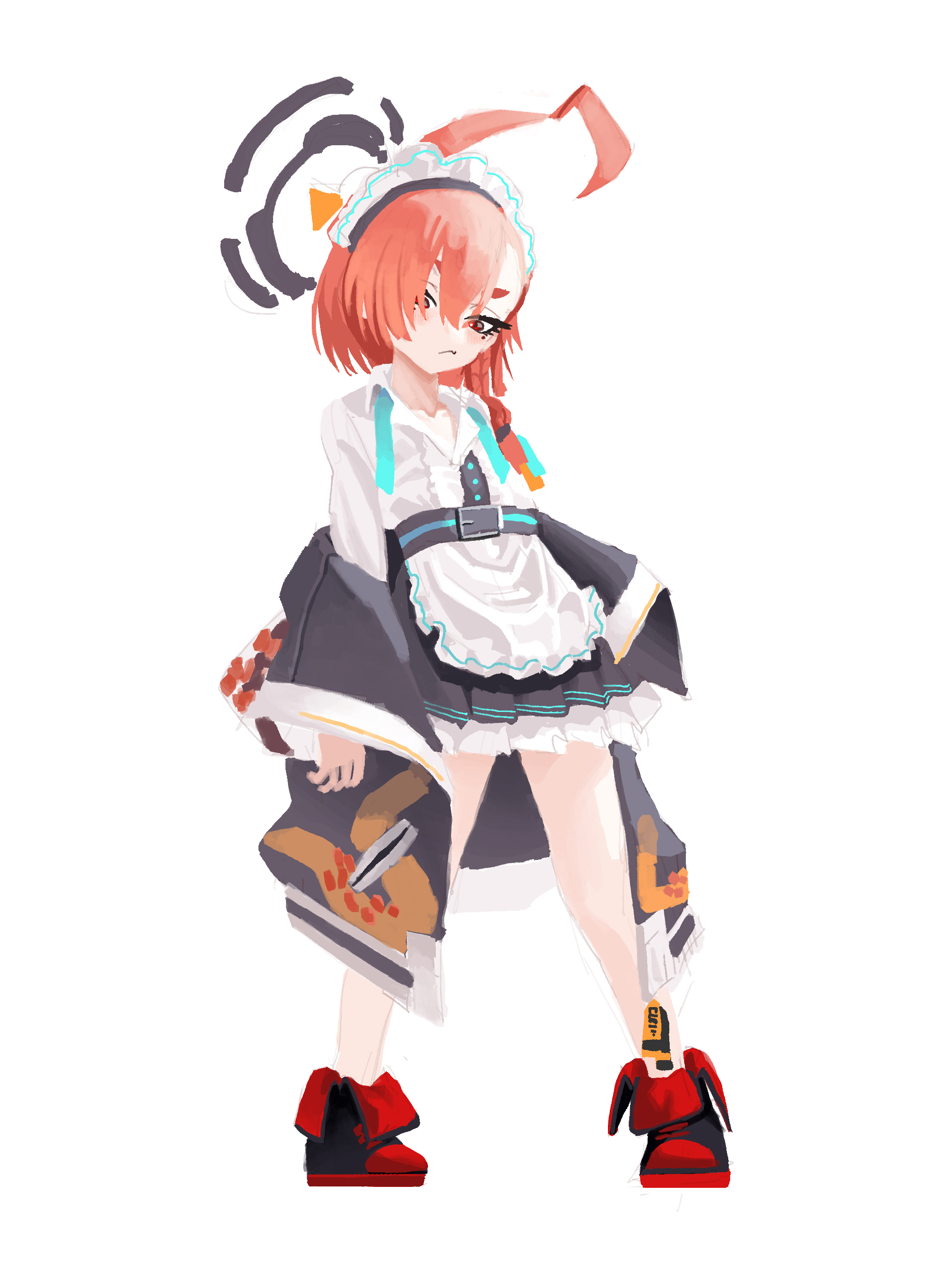 kogooma, neru (blue archive), blue archive, absurdres, commentary, highres, 1girl, ahoge, apron, asymmetrical bangs, bare legs, black shoes, black skirt, braid, frilled apron, frills, full body, halo, huge ahoge, jacket, jacket partially removed, mole, mole under each eye, mole under eye, multiple moles, neck ribbon, open collar, orange hair, pleated skirt, ribbon, shirt, shoes, short hair, simple background, single braid, skirt, sneakers, solo, sukajan, undone neck ribbon, waist apron, white apron, white background, white shirt