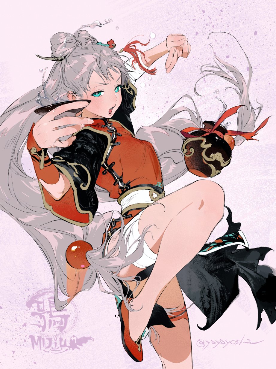 yayayoshi, original, highres, 1girl, aqua eyes, borrowed character, bright pupils, china dress, chinese clothes, crane stance, cup, double bun, dress, grey hair, hair bun, holding, holding cup, long hair, low-tied long hair, martial arts, pink background, red dress, red shoes, shoes, simple background, solo, standing, standing on one leg, twitter username, white pupils