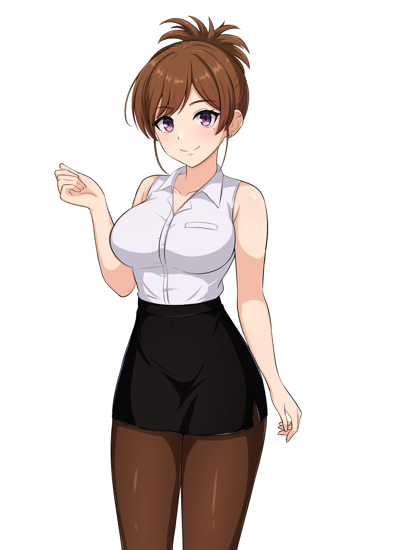 by (wawa), original, highres, 1girl, arm at side, bare arms, black skirt, breasts, brown hair, brown pantyhose, cleavage, closed mouth, collarbone, cowboy shot, curled fingers, dot nose, dress shirt, earrings, forehead, hand up, high-waist skirt, jewelry, large breasts, legs together, looking at viewer, mole, mole under eye, office lady, pantyhose, parted bangs, pencil skirt, pink eyes, shadow, shirt, short hair, simple background, skirt, sleeveless, sleeveless shirt, smile, solo, split mouth, standing, stud earrings, transparent background, white shirt