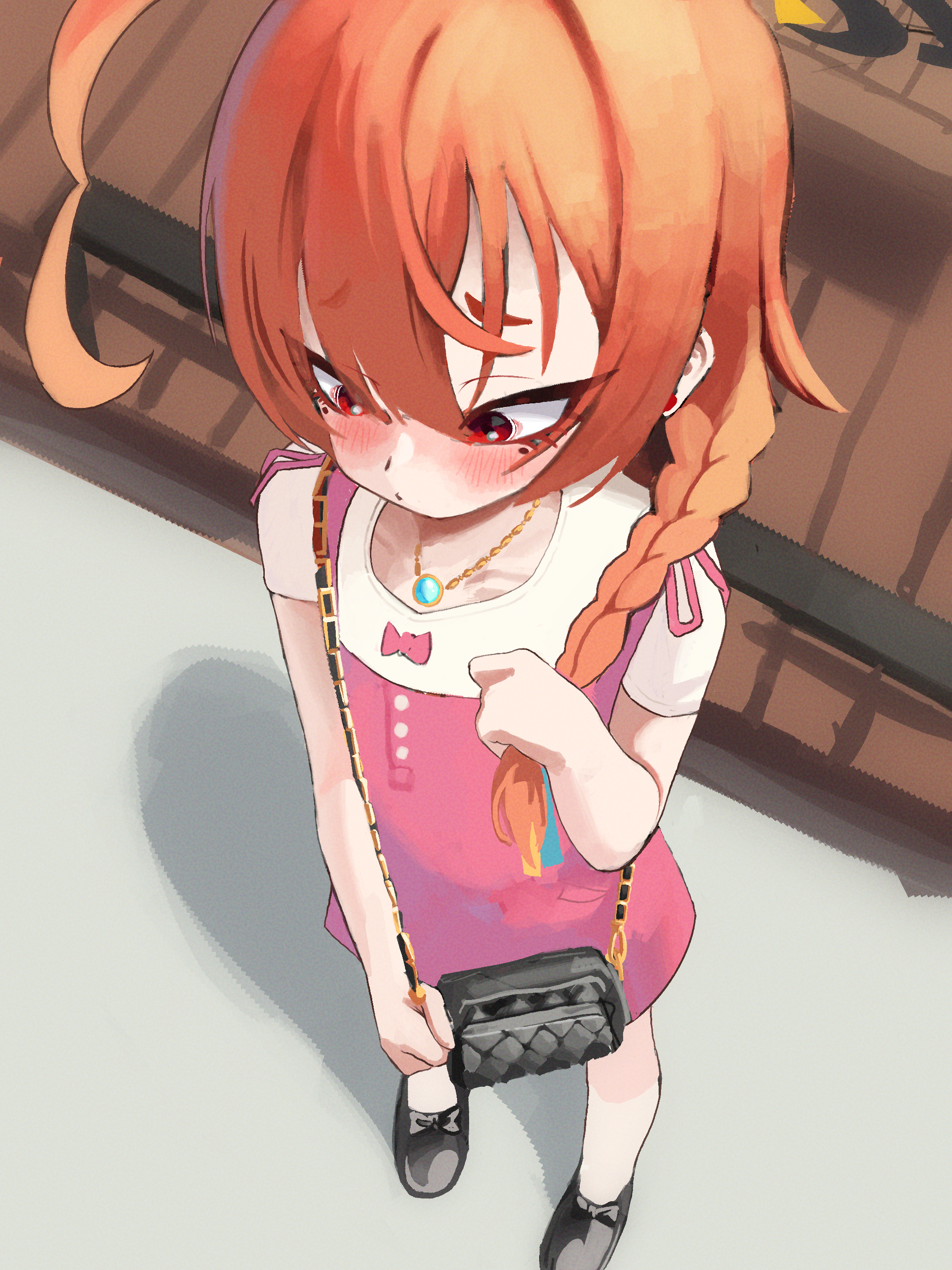 kogooma, neru (blue archive), blue archive, absurdres, commentary, highres, 1girl, ahoge, alternate costume, bare arms, bare legs, black shoes, blush, bow, braid, collarbone, dress, dress bow, embarrassed, footwear bow, halo, huge ahoge, jewelry, looking down, mole, mole under each eye, mole under eye, multiple moles, necklace, orange hair, outdoors, pink dress, shoes, short sleeves, solo
