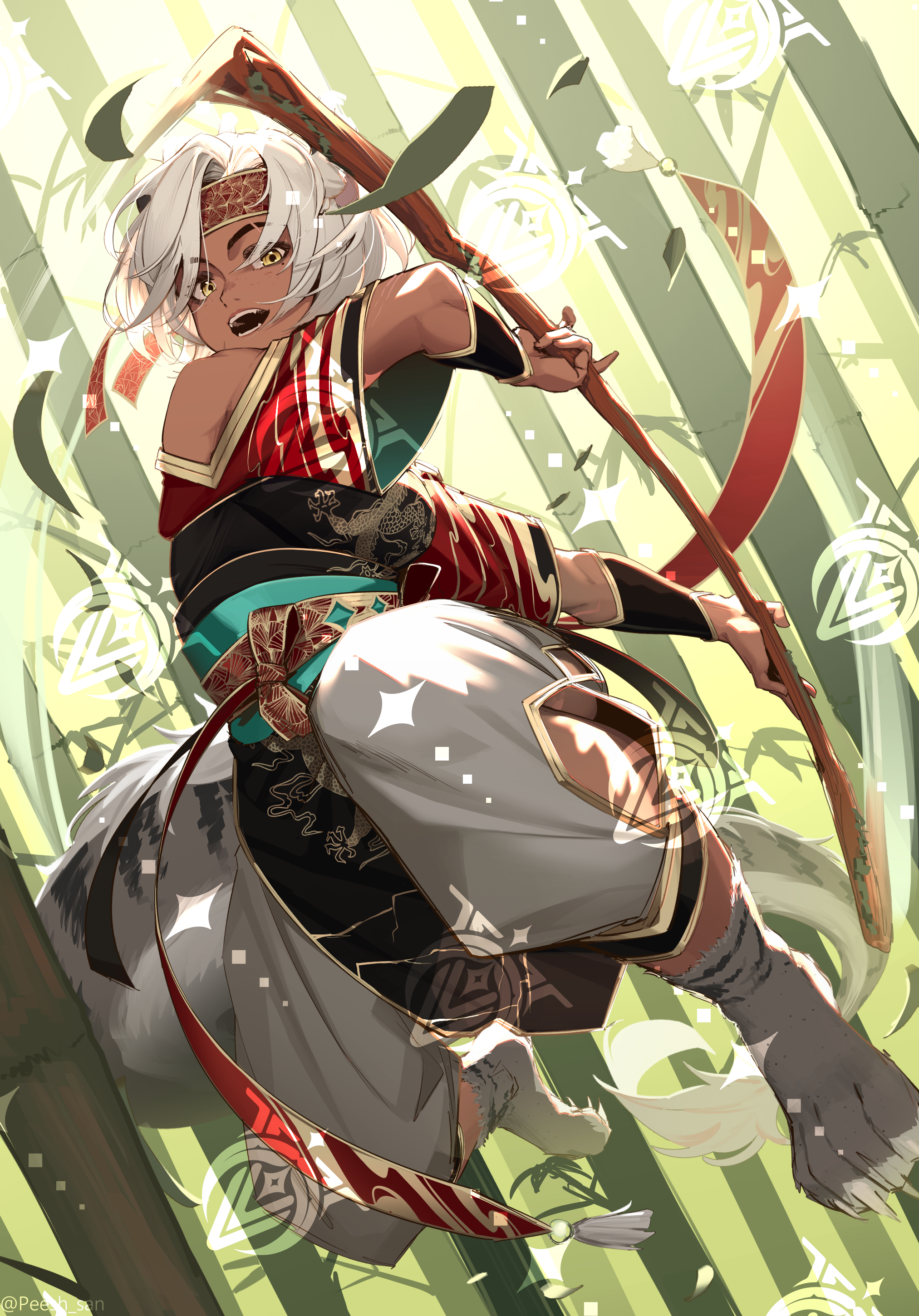 peesh san, sansin jin, indie virtual youtuber, absurdres, highres, 1girl, animal feet, bamboo, bamboo forest, copyright notice, dragon print, forest, headband, holding, mole, mole under eye, nature, open mouth, pants, pelvic curtain, red headband, solo, tan, tassel, virtual youtuber, watermark, white hair, white pants, yellow eyes