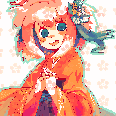 original, lowres, blue eyes, flower, hakama, hakama skirt, japanese clothes, red hair, skirt, smile