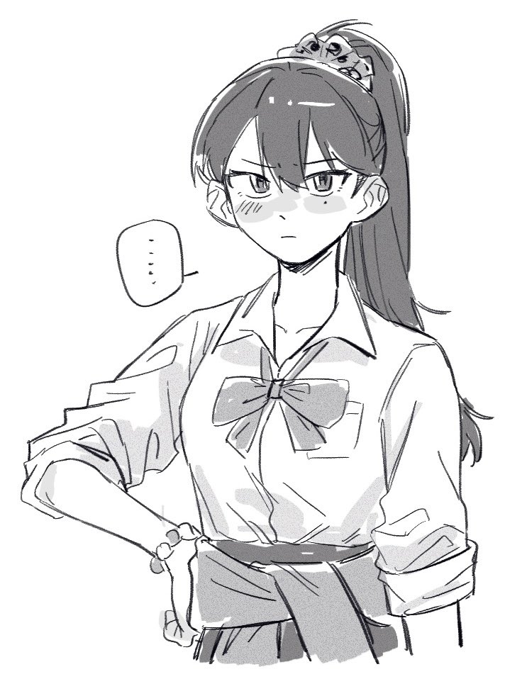 criangle k., shiina taki, bang dream!, bang dream! it's mygo!!!!!, …, 1girl, blush, bow, bowtie, bracelet, closed mouth, dress shirt, greyscale, hair between eyes, hair ornament, hair scrunchie, jewelry, mole, mole under eye, monochrome, ponytail, scrunchie, shirt, simple background, solo, spoken ellipsis, three-quarter sleeves, upper body, white background