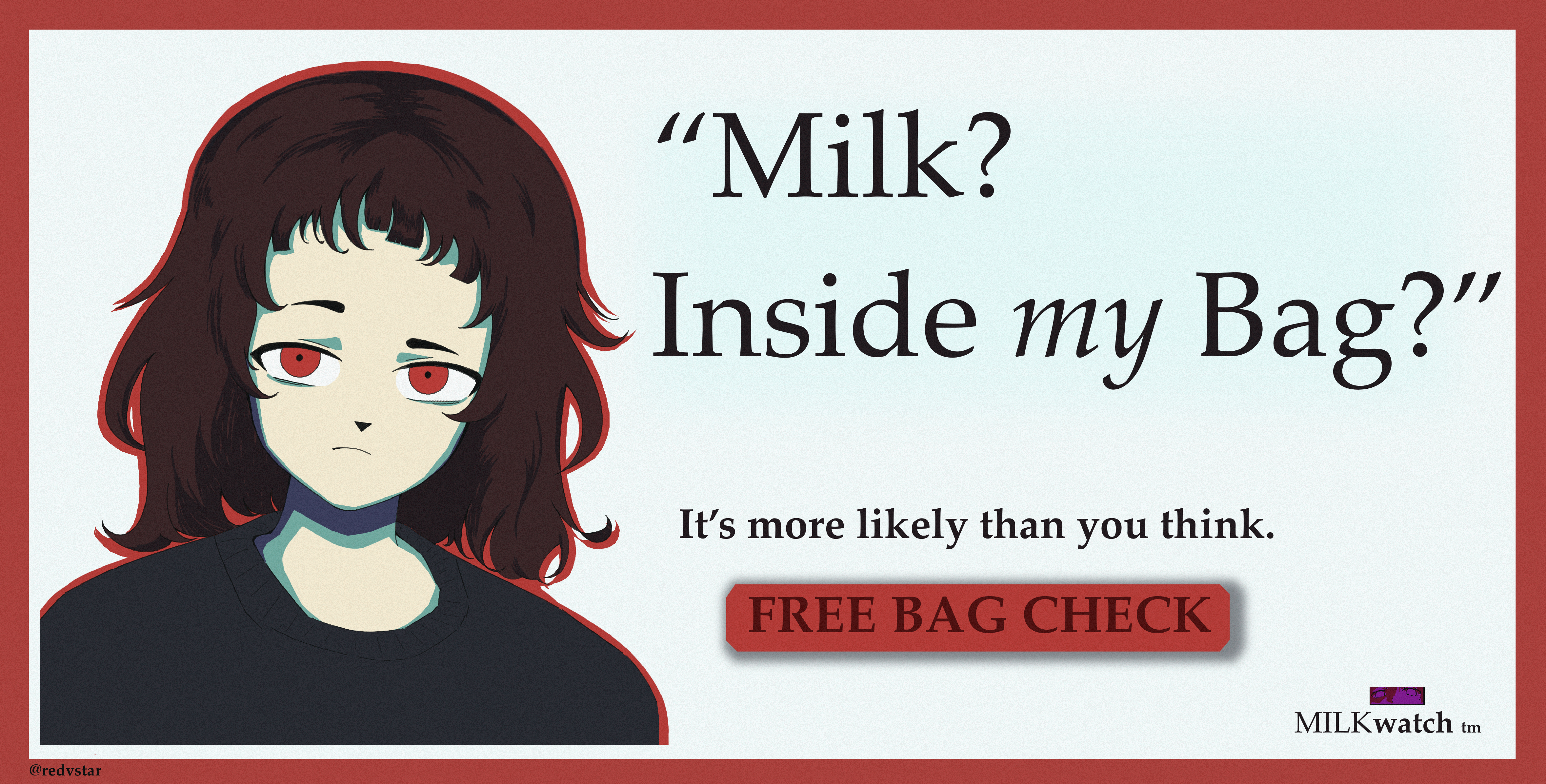 milk-chan (milk series), milk inside a bag of milk inside a bag of milk, absurdres, commentary, english commentary, highres, 1girl, black sweater, border, brown hair, english text, forehead, frown, it's more likely than you think (meme), looking at viewer, medium hair, meme, outline, pale skin, raised eyebrow, red border, red eyes, red outline, redvstar, short bangs, simple background, solo, sweater, twitter username, upper body, white background