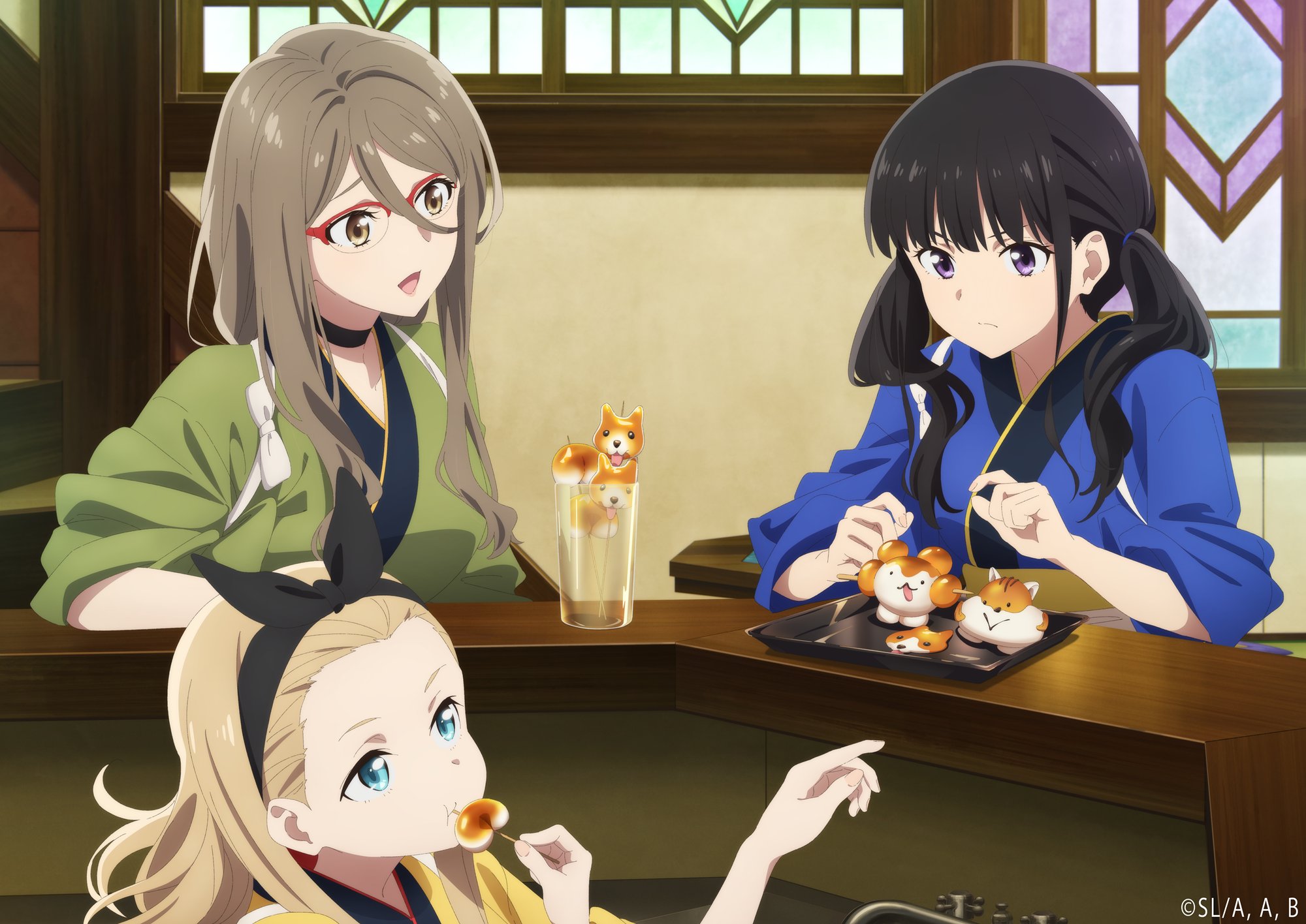 inoue takina, kurumi (lycoris recoil), nakahara mizuki, lycoris recoil, commentary request, highres, official art, 3girls, black choker, black hair, black ribbon, blonde hair, blue kimono, brown hair, choker, dango, eating, food, glasses, green kimono, hair between eyes, hair ribbon, indoors, japanese clothes, kimono, long hair, long hair between eyes, multiple girls, over-rim eyewear, purple eyes, red-framed eyewear, ribbon, semi-rimless eyewear, tasuki, twintails, wagashi, yellow kimono