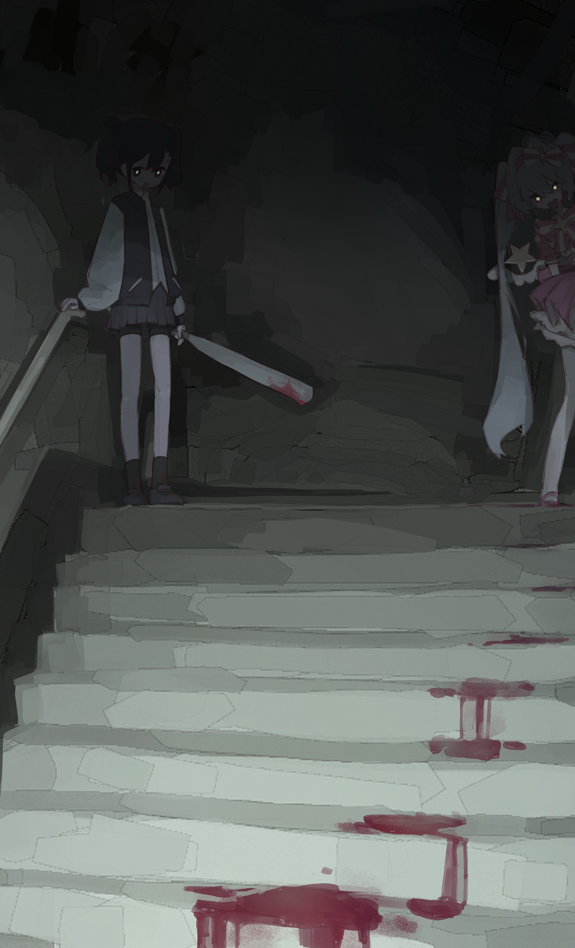 traffic (ntraffic1), hatsune miku, vocaloid, absurdres, highres, 2girls, alternate costume, alternate hair color, alternate hair length, alternate hairstyle, baseball bat, bike shorts, black hair, black skirt, black socks, blood, bloody weapon, blue hair, dark, dress, dual persona, glowing, glowing eyes, hand on railing, holding, holding baseball bat, holding weapon, ima sugu rinne (vocaloid), indoors, jacket, leaning to the side, letterman jacket, long hair, looking at viewer, magical girl, multiple girls, open mouth, pink dress, pleated skirt, pool of blood, railing, school uniform, shirt, short dress, short hair, skirt, smile, socks, stairs, standing, star-shaped pupils, star (symbol), symbol-shaped pupils, very long hair, weapon, white shirt, wide shot