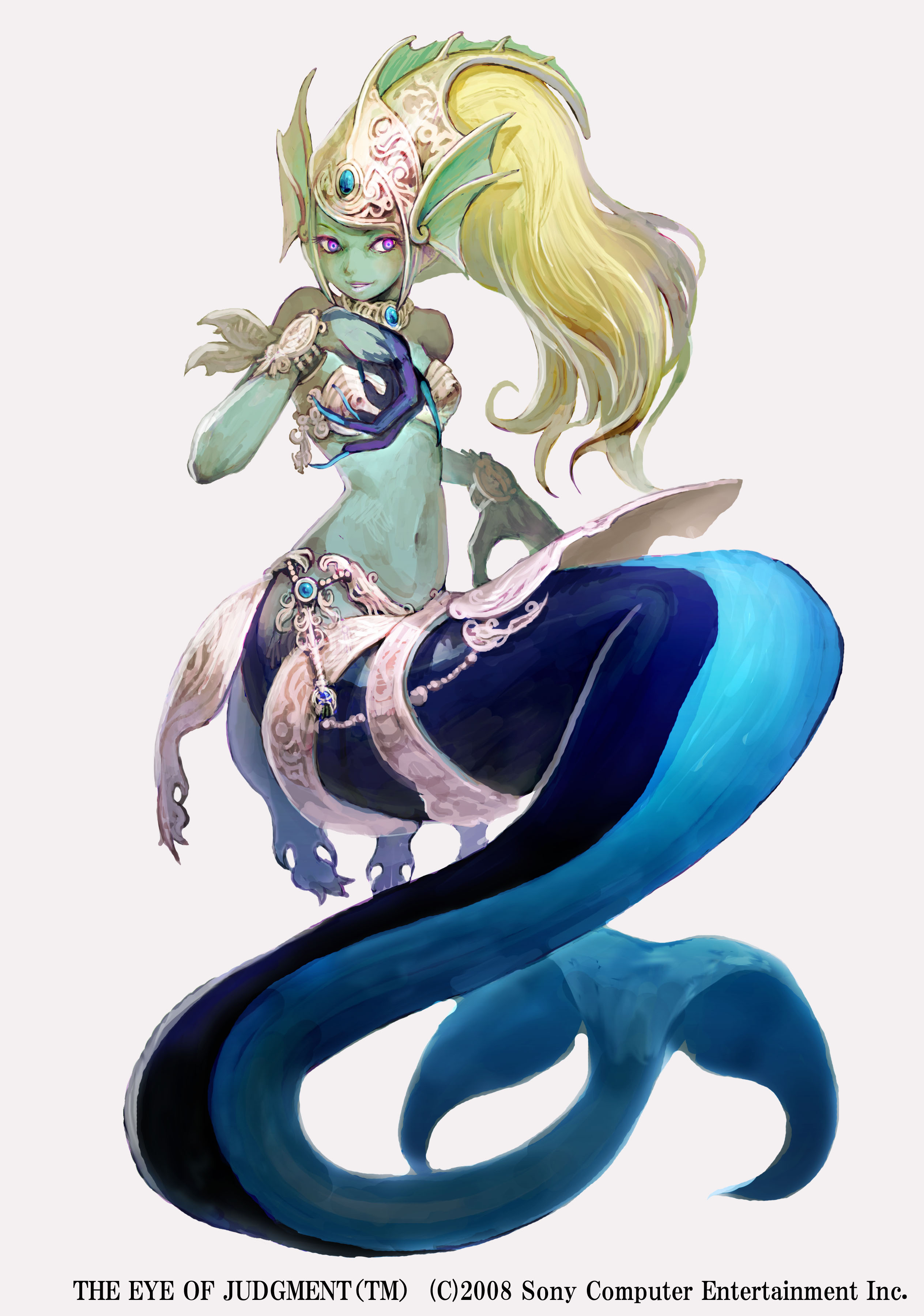 saitou shunsuke, shun, the eye of judgement, absurdres, highres, 00s, 1girl, 2008, armor, barding, bikini, bikini armor, bikini top only, blonde hair, claws, colored skin, copyright name, female focus, fins, green skin, head fins, helmet, jewelry, long fingers, long hair, looking at viewer, mermaid, midriff, monster girl, navel, open mouth, purple eyes, simple background, smile, solo, swimsuit