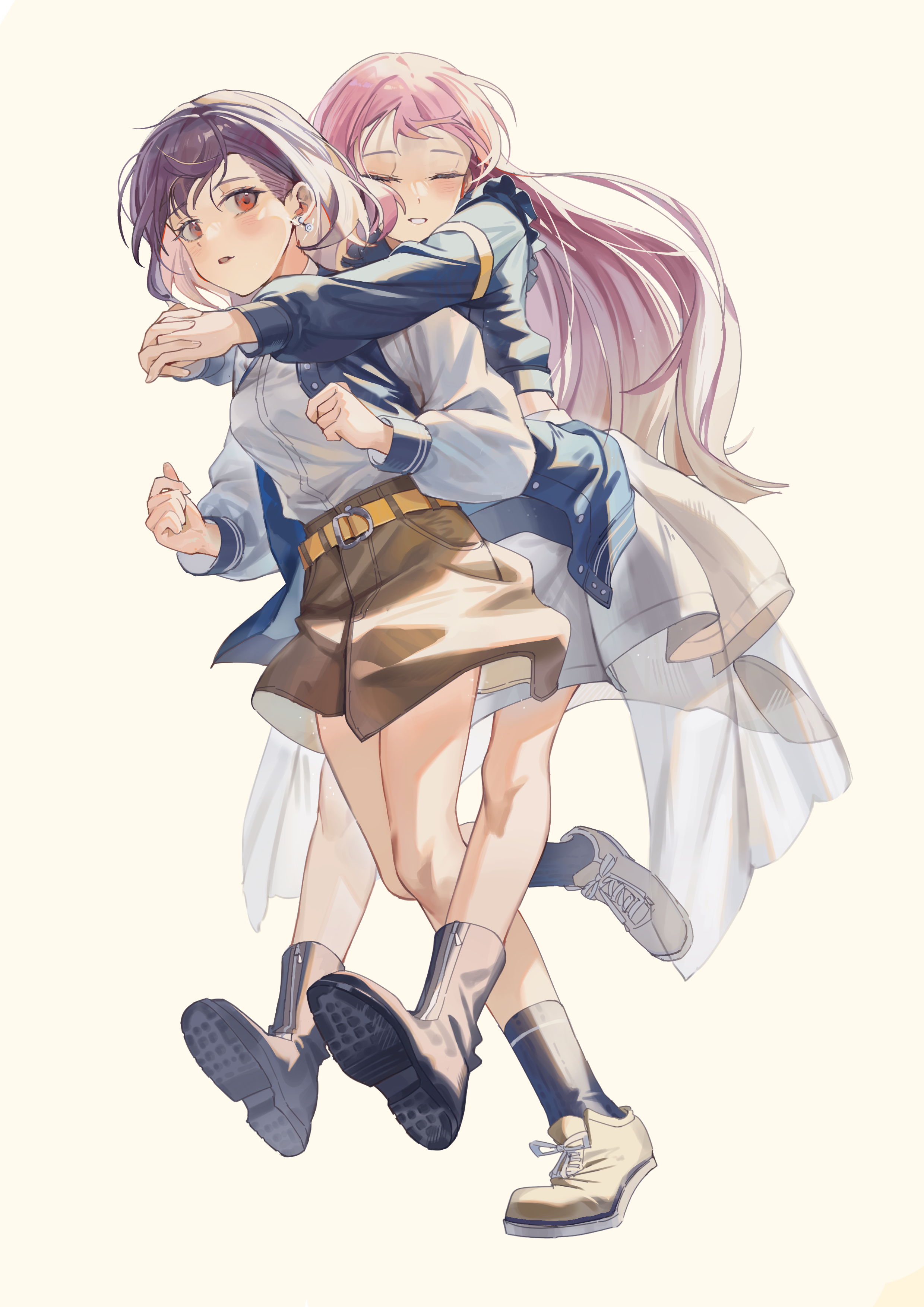 geng99161, chihaya anon, takamatsu tomori, bang dream!, bang dream! it's mygo!!!!!, absurdres, commentary, highres, 2girls, black boots, black socks, blue jacket, boots, brown shoes, brown skirt, closed eyes, earrings, full body, grey hair, hug, hug from behind, indoors, jacket, jewelry, long hair, long sleeves, multiple girls, open clothes, open jacket, open mouth, own hands together, pink hair, red eyes, shirt, shoes, short hair, simple background, skirt, smile, socks, white background, white shirt, white skirt