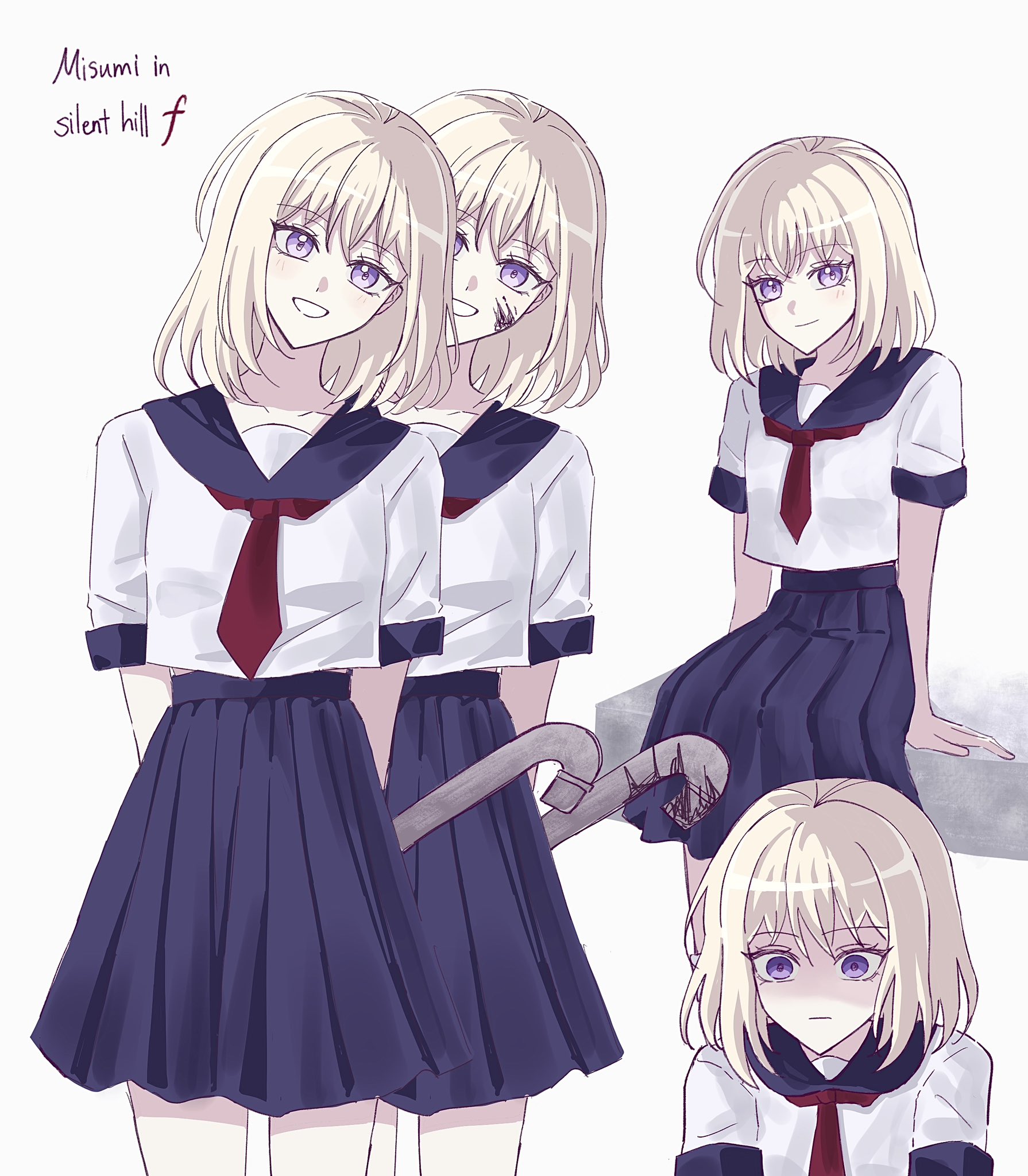 misumi uika, bang dream!, bang dream! it's mygo!!!!!, silent hill (series), silent hill f, highres, 1girl, 200bpmsoiya, arms behind back, blonde hair, blood, blood on face, blue sailor collar, blue skirt, blush, holding, holding lead pipe, lead pipe, medium hair, multiple views, neckerchief, open mouth, pleated skirt, purple eyes, red neckerchief, sailor collar, school uniform, serafuku, shirt, simple background, skirt, smile, white background, white shirt, yandere
