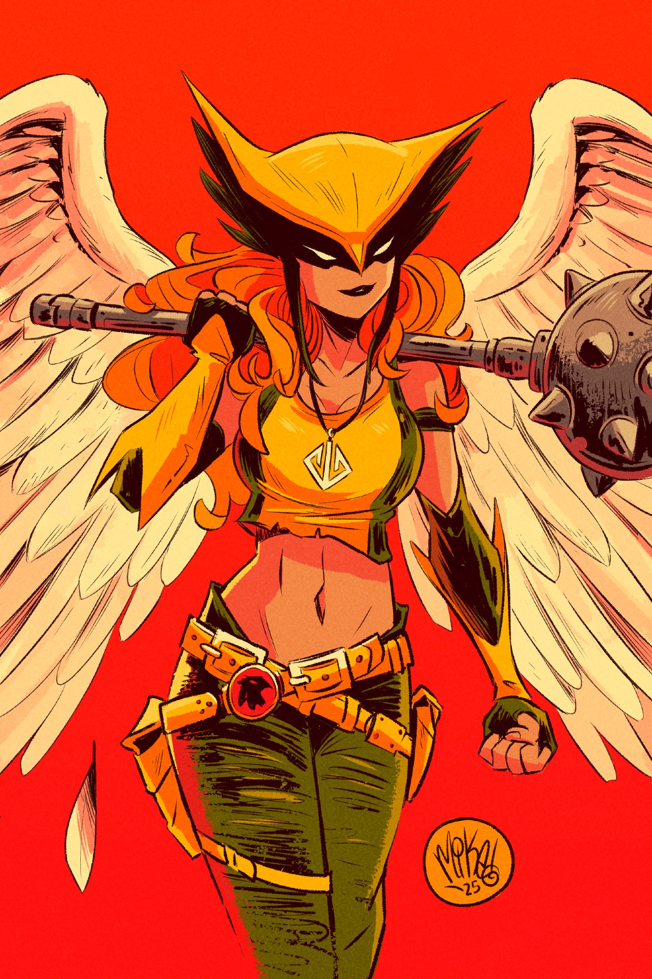 mikemaihack, hawkgirl, dc comics, alt text, commentary, english commentary, highres, 1girl, artist name, belt, black lips, blank eyes, breasts, clenched hand, dated, feathered wings, holding, holding weapon, large breasts, light smile, long hair, mace, mask, midriff, navel, orange hair, simple background, solo, weapon, wings