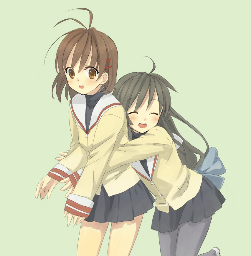 01 0219, furukawa nagisa, ibuki fuuko, clannad, 00s, brown eyes, brown hair, happy, hug, long hair, pantyhose, short hair, skirt