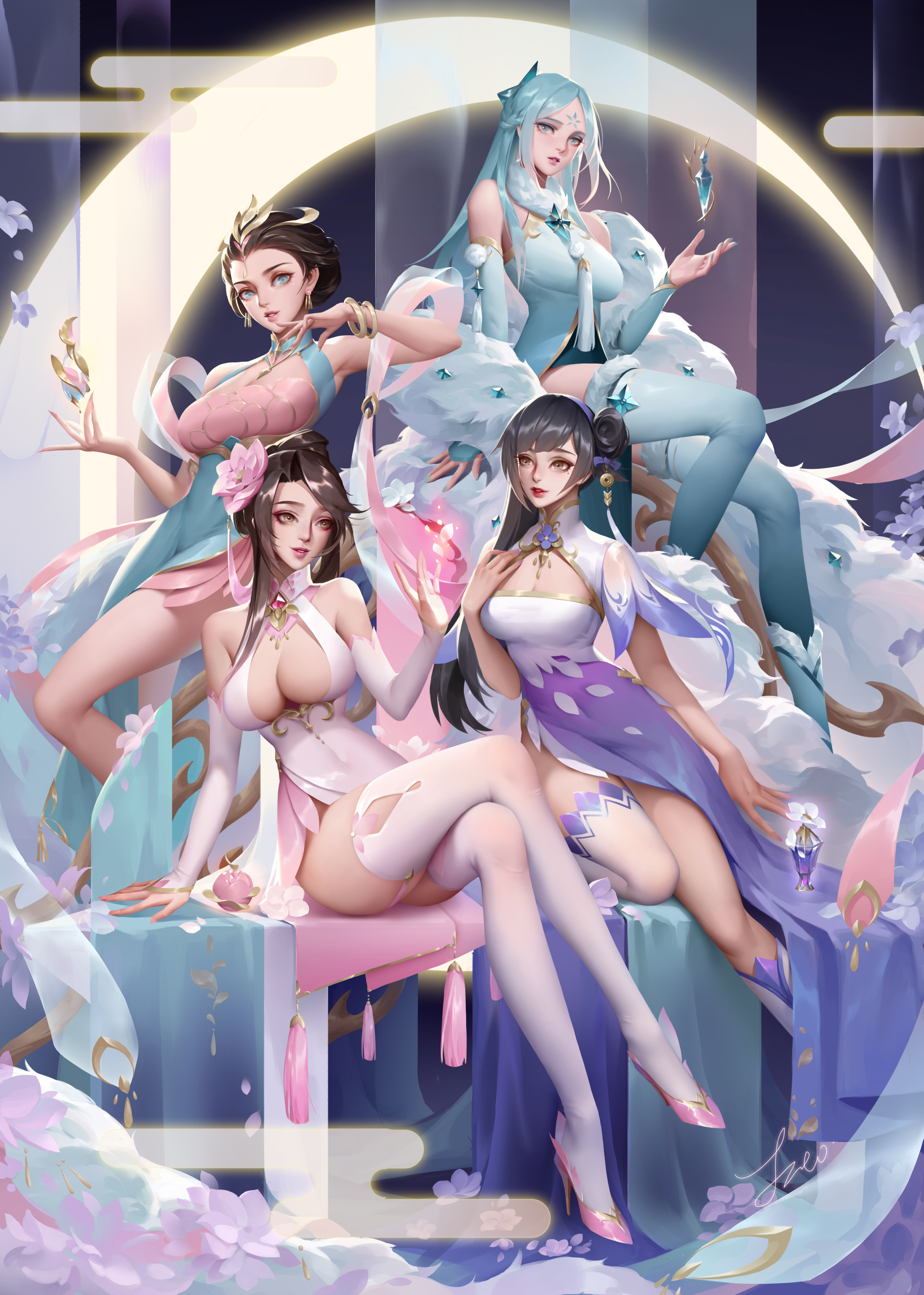 jz, arena of valor, original, wangzhe rongyao, character request, 4girls, aqua eyes, bare shoulders, black hair, blue eyes, bracelet, breasts, brown eyes, brown hair, chest jewel, chinese clothes, detached sleeves, dress, earrings, flower, flower on head, gem, gold, hair bun, hair ornament, high heels, jewelry, large breasts, lips, moon, multiple girls, petals, sideboob, sitting, thighhighs