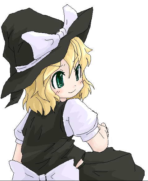 tamute (2580rs), kirisame marisa, touhou, 1girl, blonde hair, female focus, green eyes, hat, simple background, skirt, solo, white background, witch, witch hat
