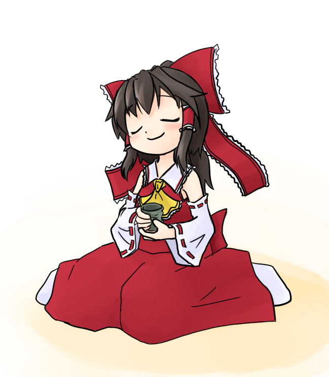 tamute (2580rs), hakurei reimu, touhou, 1girl, brown hair, closed eyes, detached sleeves, female focus, full body, gradient background, happy, japanese clothes, miko, solo, white background