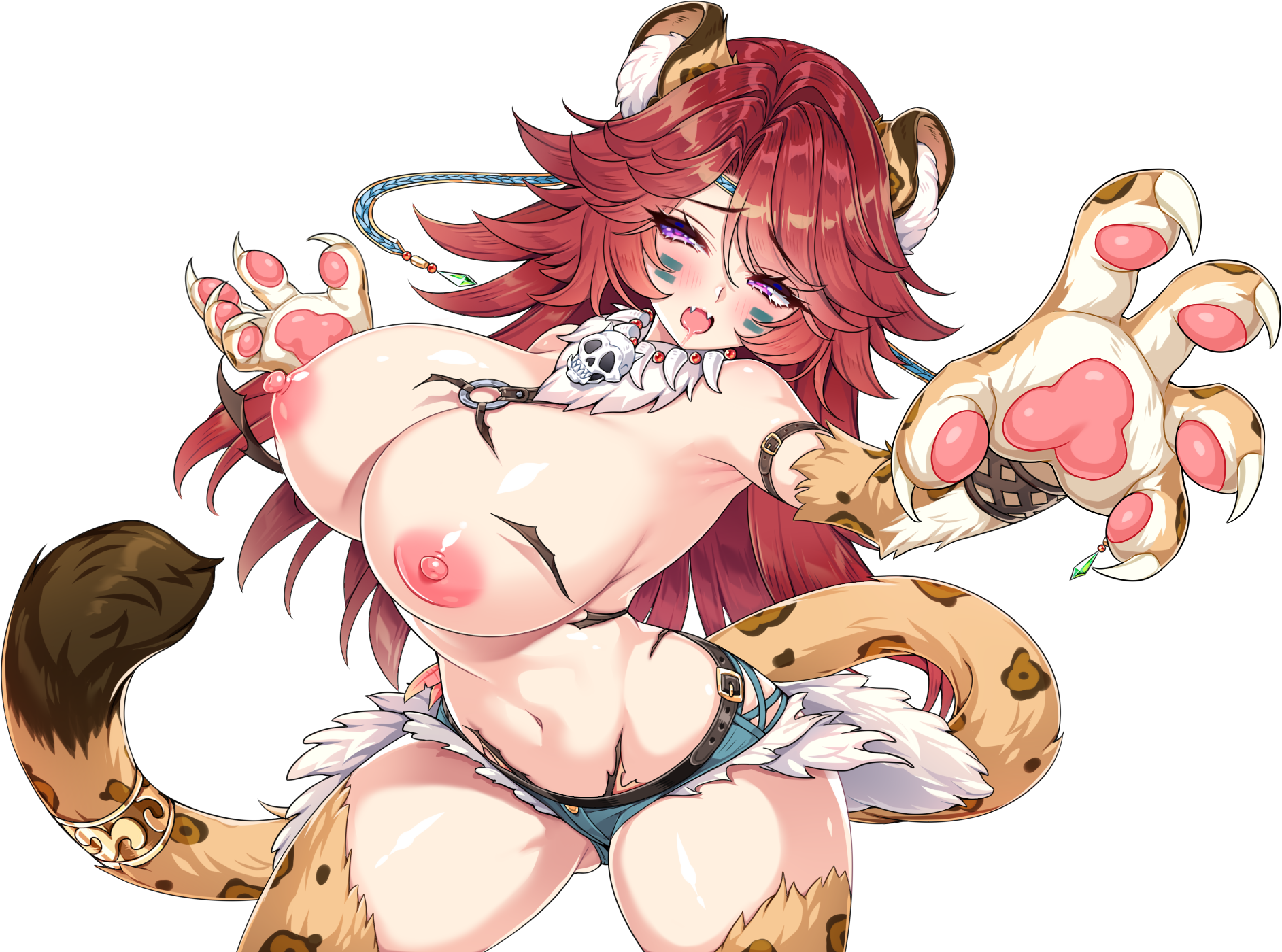 highres, non-web source, 1girl, :d, animal ears, armlet, bare shoulders, blush, breasts, denim, denim shorts, fang, full-face blush, jewelry, large breasts, leopard ears, leopard tail, long hair, monster girl, necklace, no bra, open mouth, purple eyes, red hair, saliva, shorts, simple background, skull necklace, smile, solo, tail, tail ornament, tail ring