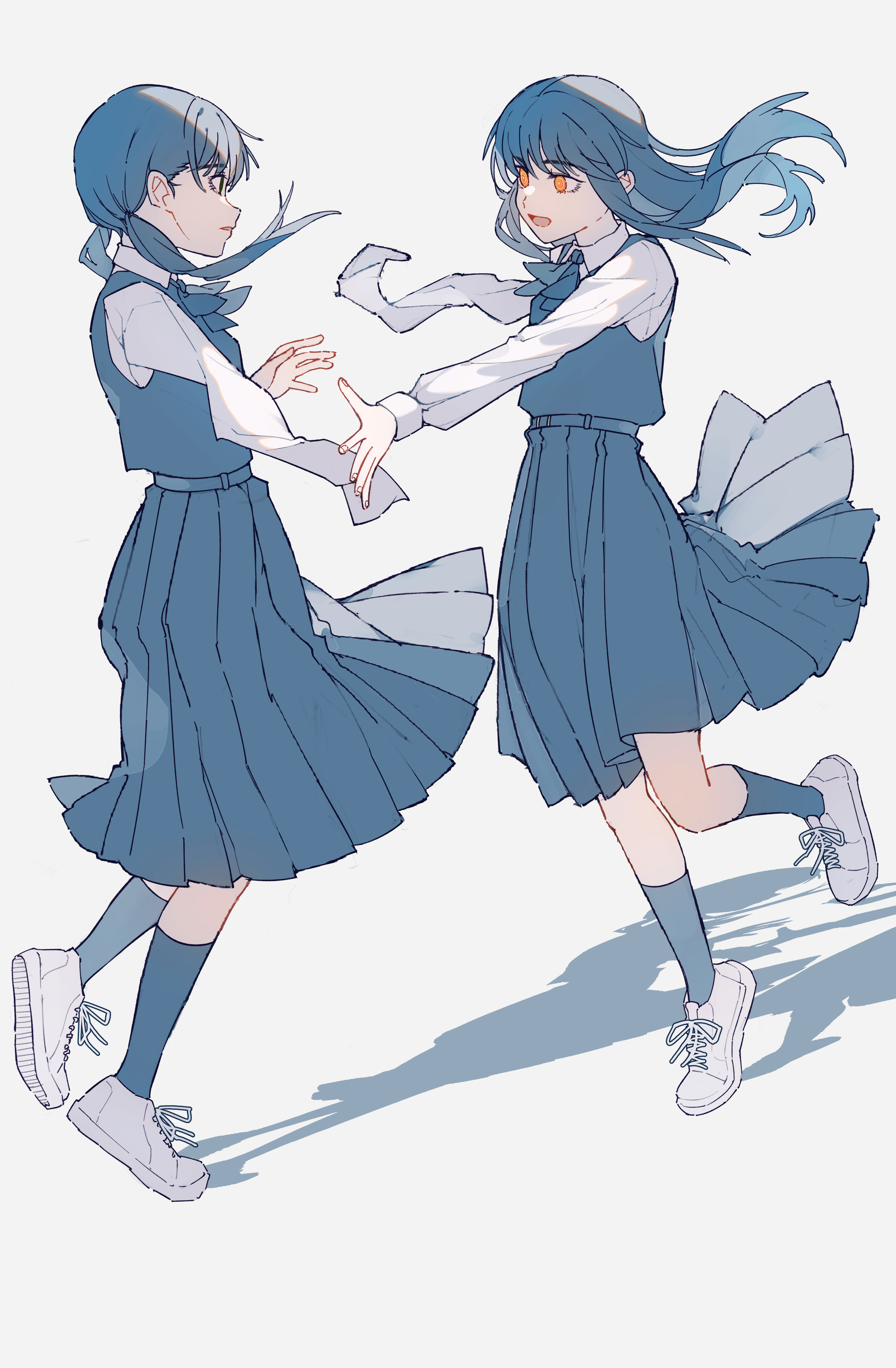deep (deep4946), mitaka asa, yoru (chainsaw man), chainsaw man, absurdres, commentary, highres, 2girls, amputee, black dress, black eyes, black hair, black ribbon, black socks, dress, dual persona, full body, imminent hug, multiple girls, neck ribbon, orange eyes, pinafore dress, pleated dress, ribbon, ringed eyes, school uniform, shirt, shoes, simple background, sleeveless, sleeveless dress, smile, sneakers, socks, straight hair, twintails, white background, white shirt, white shoes