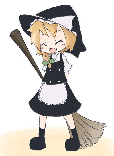 tamute (2580rs), kirisame marisa, touhou, 1girl, blonde hair, braid, broom, dress, female focus, full body, hat, solo, white background, witch, witch hat