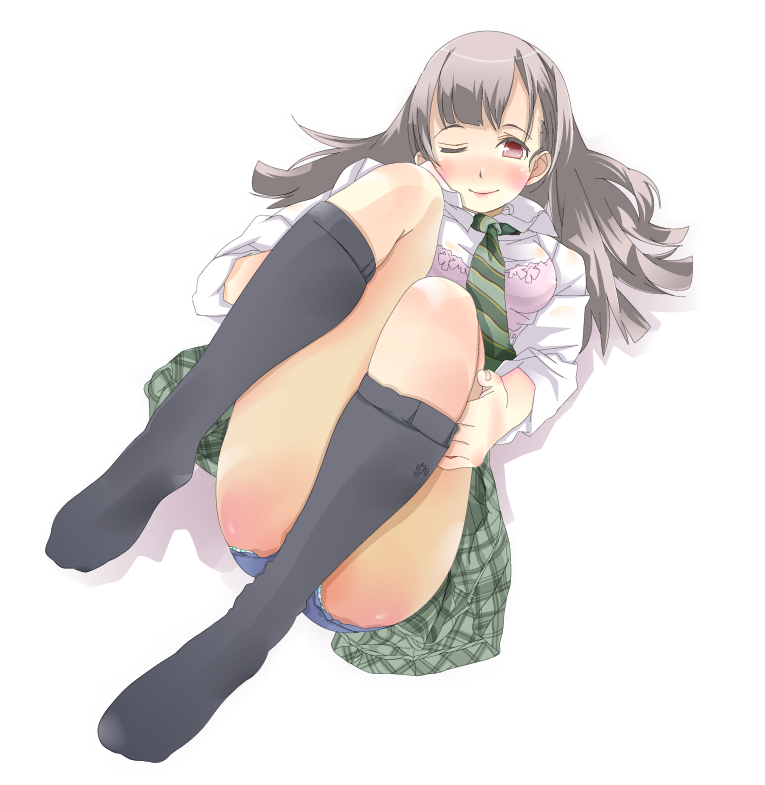 kazuha nanako, nanako (artist), original, bad id, bad pixiv id, 1girl, blush, feet, female focus, long hair, necktie, one eye closed, panties, pantyshot, skirt, smile, socks, solo, underwear, upskirt, wink