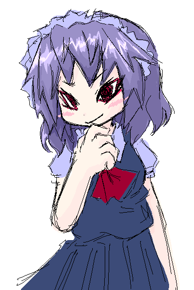 tamute (2580rs), izayoi sakuya, touhou, 1girl, ascot, blush, female focus, looking at viewer, maid headdress, puffy short sleeves, puffy sleeves, red eyes, short sleeves, simple background, smirk, solo, white background