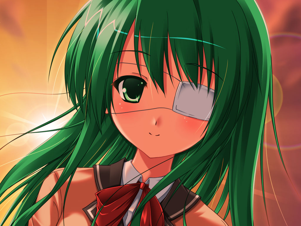 yoshiharu, hoshino yachiho, noberuge, eyepatch, green eyes, green hair, school uniform, serafuku, solo, sunset