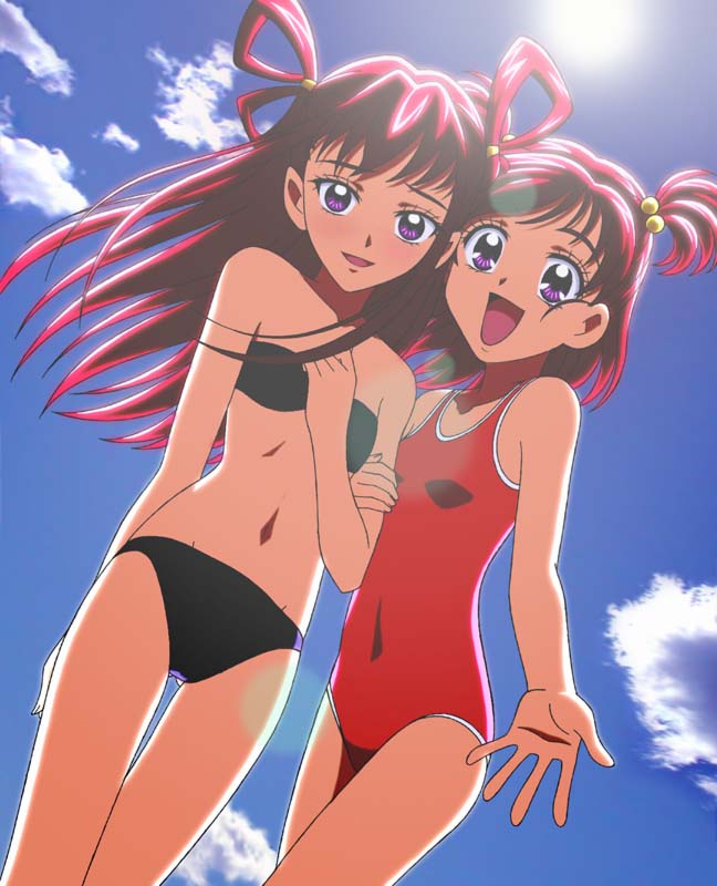 natsuhina, dark dream, yumehara nozomi, precure, yes! precure 5, light, 00s, 2girls, :d, bandeau bikini, bikini, blush, cloud, dark cure (yes! precure 5), day, embarrassed, eyelashes, flat chest, long hair, multiple girls, navel, one-piece swimsuit, open mouth, pink hair, purple eyes, shy, sky, smile, sun, sunlight, swimsuit
