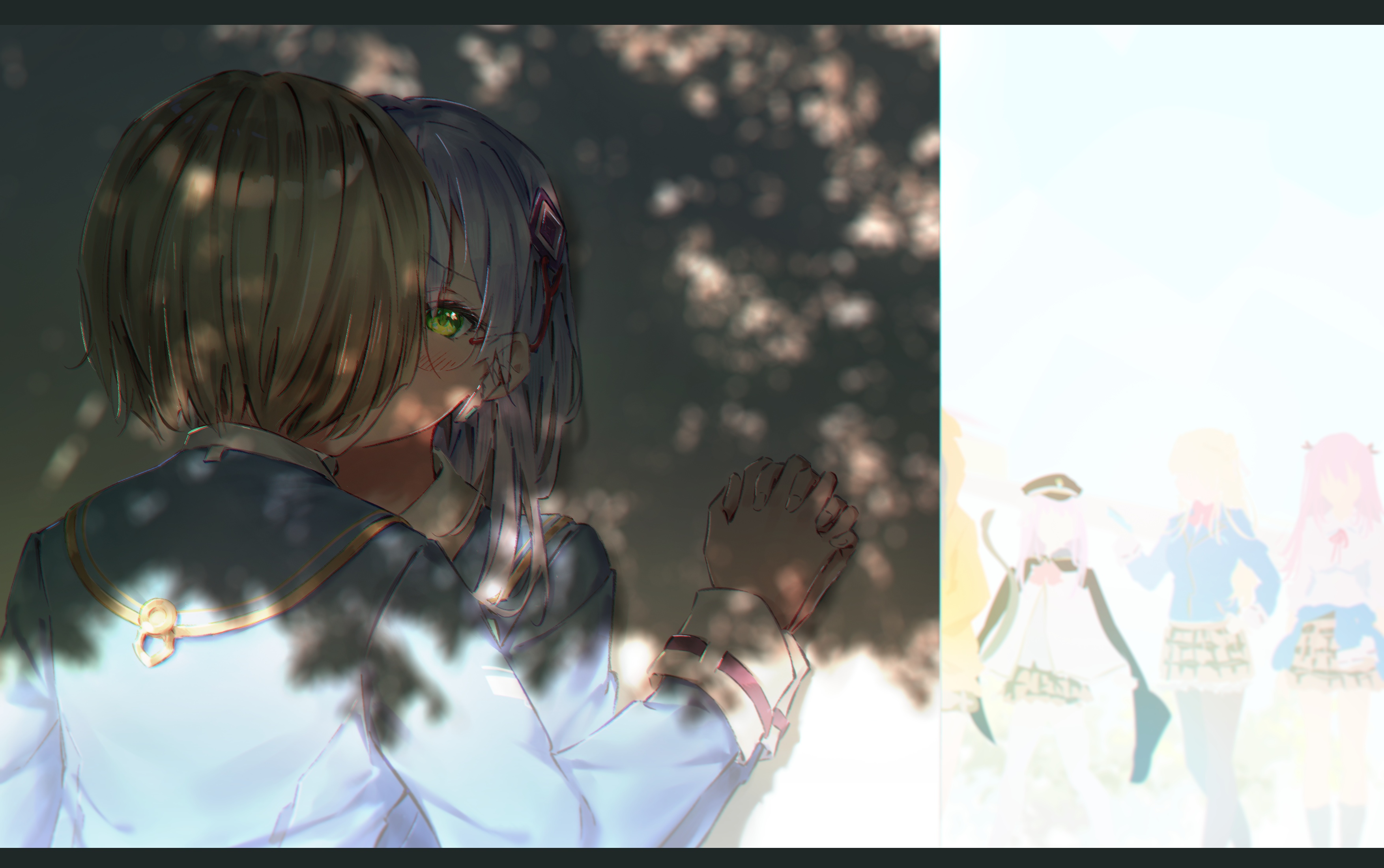 raito taisha, aikawa megumi, asakura karen, izumi yuki (heaven burns red), kayamori ruka, kunimi tama, toujou tsukasa, heaven burns red, absurdres, commentary, highres, 6+girls, blonde hair, blue jacket, blush, brown skirt, dappled sunlight, green eyes, hair ornament, interlocked fingers, jacket, kiss, long sleeves, multiple girls, pink hair, short hair, skirt, sunlight, yuri